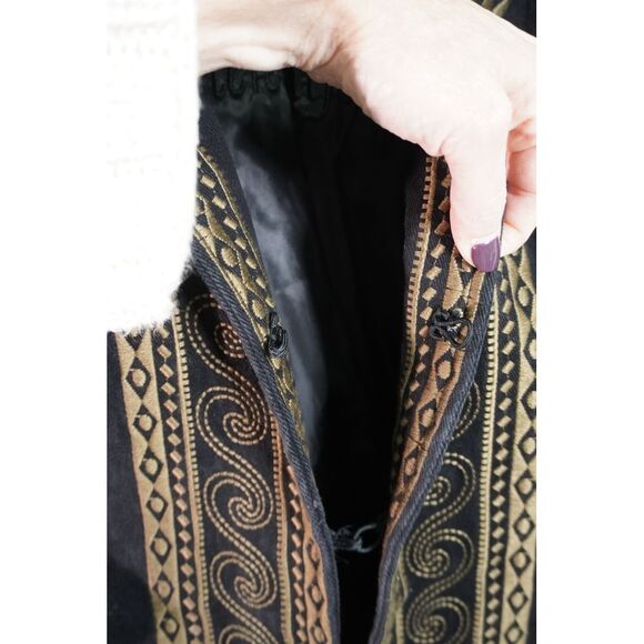 Paparazzi by Biz Black Long Denim Coat Embroidered w/ Gold Tan Intricate Design - Picture 7 of 10